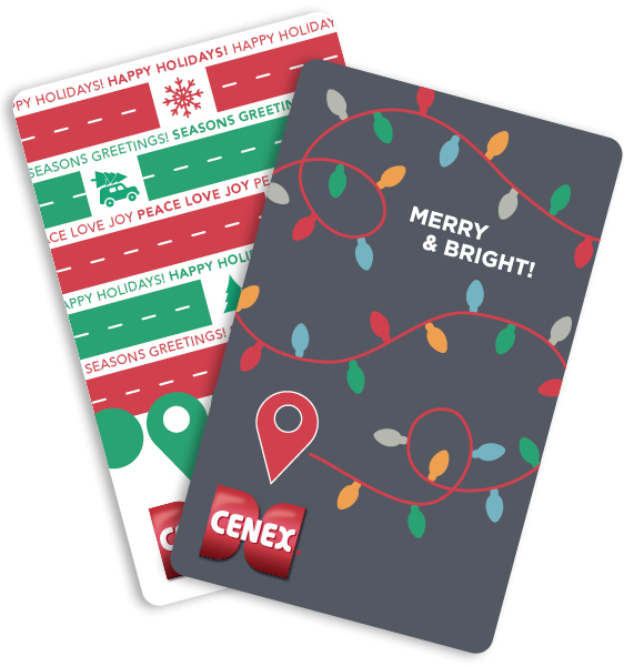 Two Cenex gift cards in festive holiday designs